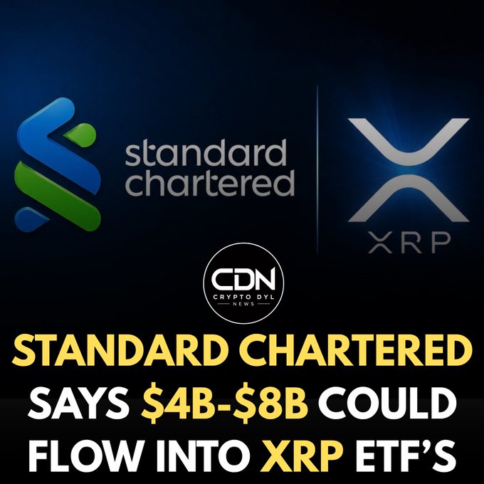 A news graphic showing the Standard Chartered and XRP logos above the headline 'STANDARD CHARTERED SAYS $4B-$8B COULD FLOW INTO XRP ETF'S', credited to CDN Crypto Dyl News.