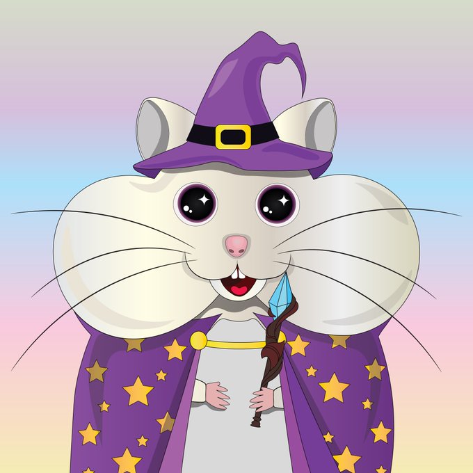 A cartoon hamster dressed as a wizard with a purple star-covered cloak, pointed hat, and magic wand, with large sparkling eyes that convey a magical, mystical vibe fitting the "BrokerHamsters" NFT collection.
