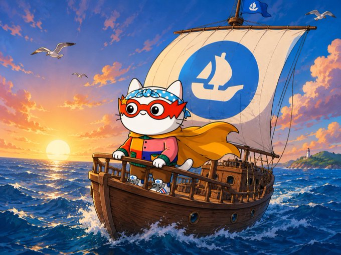 Illustration of an anime-style cat character dressed as a superhero with a yellow cape and red mask, standing at the helm of a sailing ship at sunset.