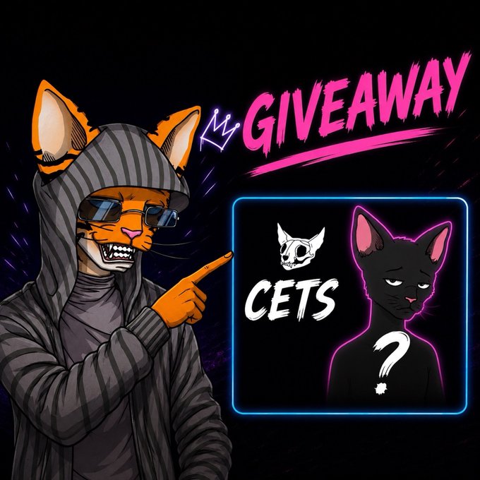 An illustrated orange cat character in a striped hoodie and sunglasses points toward a neon-framed "CETS" giveaway announcement featuring a black cat NFT character with a question mark, promoting an upcoming weekend giveaway where viewers are encouraged to turn on notifications.