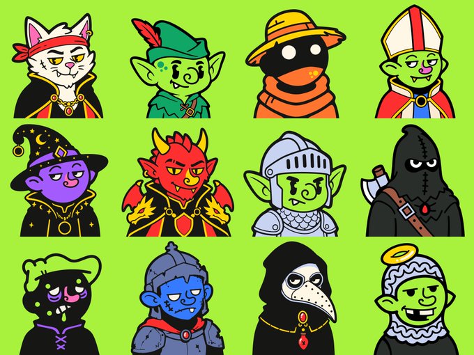 A colorful grid of 12 cartoon character portraits featuring fantasy creatures like goblins, devils, knights, witches, and a grim reaper, all wearing various costumes against a bright green background.