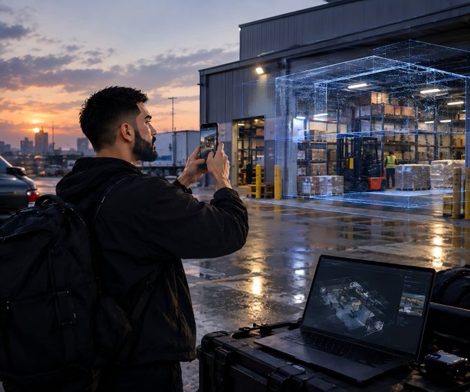 A man with a backpack uses a smartphone to photograph a warehouse, with a digital hologram of the building and a laptop displaying surveillance footage in the foreground.