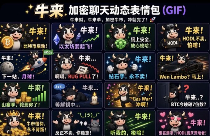 A grid of animated '牛来' (Bull is here) crypto-themed GIF stickers featuring a cartoon cow with text like 'HODL', 'ETH起飞', 'Wen Lambo', and 'Gas War'.