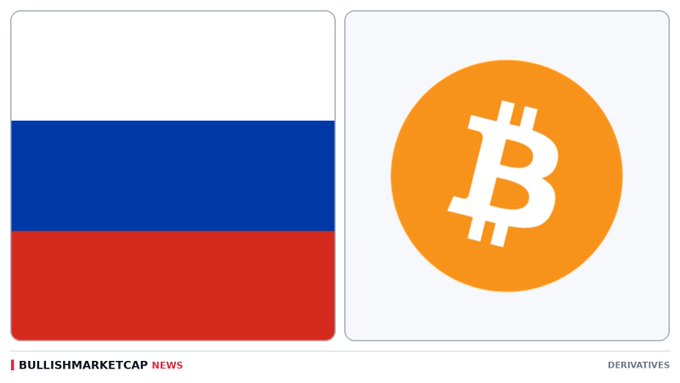 A news graphic from 'BULLISHMARKETCAP' displays the Russian flag next to an orange Bitcoin symbol under the category 'DERIVATIVES.'