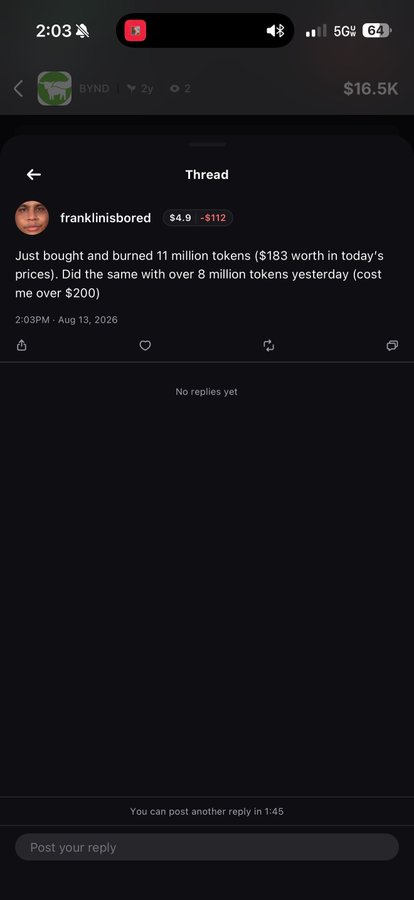 A mobile screenshot of a thread reply from user 'franklinisbored' stating they bought and burned 11 million tokens ($183 worth) and 8 million tokens the previous day (over $200).