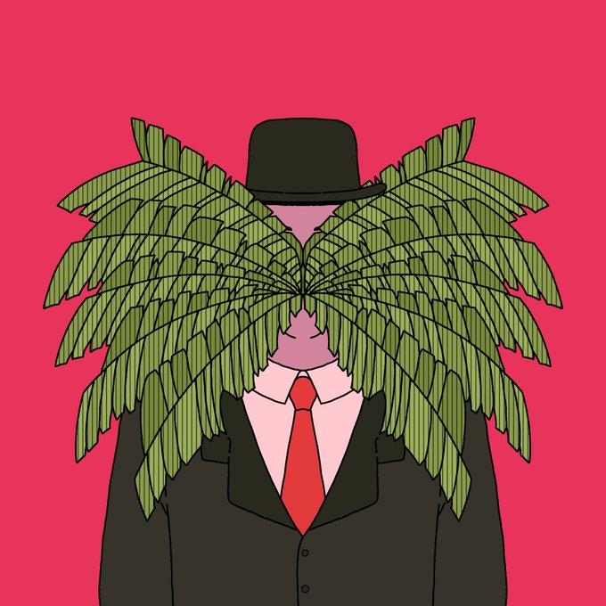 The image features a man with a large headdress made up of green leaves, resembling a bird's wings or a plant. The man appears to be dressed in a suit and tie, giving him an air of sophistication and elegance. The background is a vibrant pink color, which contrasts nicely with the man's attire and accentuates his presence. The image also contains text that reads "gm 2 days before it’s over. thanks to @burnzeit for collecting my #proofofpalm2026 work 2 tez @/nadamas.tez for collecting my #proofofpalm2026 work".