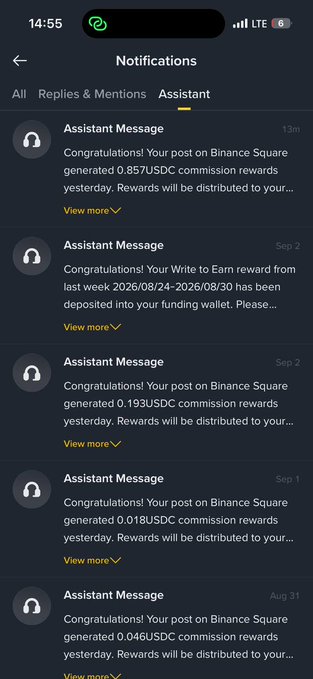 The image shows a "Notifications" screen displaying multiple Assistant Messages from Binance Square, each congratulating the user on earning small USDC commission rewards (ranging from 0.018 to 0.857 USDC) from recent posts, directly visualizing the commission earnings data being tracked during the user's three-month challenge.