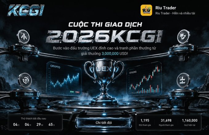 A promotional banner for Bitget's KCGI 2026 trading competition, featuring a central silver trophy and showcasing four trading categories (Crypto, Commodity, Stocks, Metals) displayed as floating platforms with candlestick charts. The graphic highlights a 3,000,000 USDT prize pool, a registration deadline of 4 days/4 hours/29 minutes/45 seconds, and participation stats showing 1,195 team registrations, 31,698 participants, and 1,160,000 USDT rewards, aligning with the post's announcement of an expanded multi-market competition.