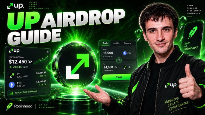A YouTube thumbnail titled 'UP AIRDROP GUIDE' featuring a man in a black jacket giving a thumbs up, alongside graphics for 'UP' token trading and a Robinhood partnership.