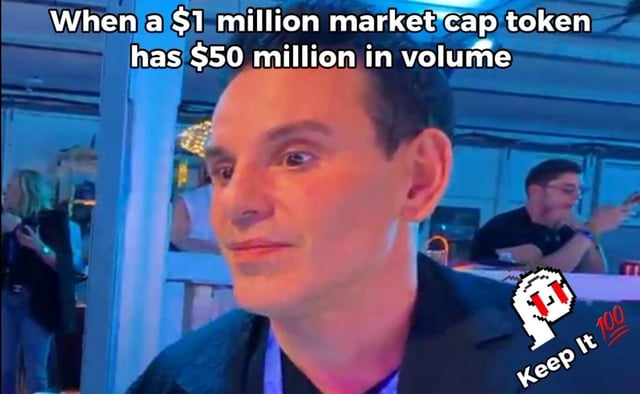 A man with a smug expression at what appears to be a crypto conference, captioned 'When a $1 million market cap token has $50 million in volume' with a 'Keep it 100' logo.
