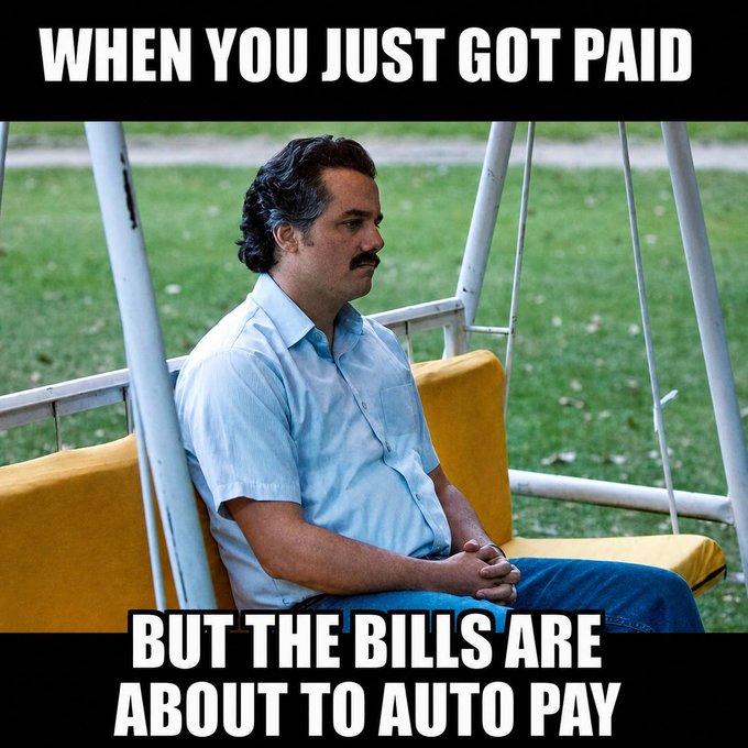 A man with a mustache sits pensively on a yellow-cushioned swing with a contemplative, resigned expression, captioned "WHEN YOU JUST GOT PAID BUT THE BILLS ARE ABOUT TO AUTO PAY."

The image humorously illustrates the post's point—capturing that fleeting moment of relief upon receiving a paycheck, only to realize it's merely passing through before bills claim it all.