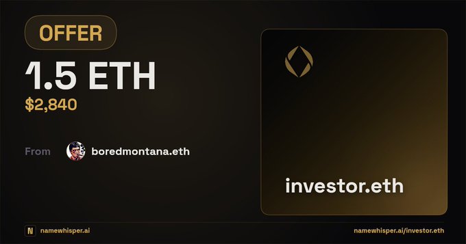 The image features a black background with a text overlay that reads "offer placed $1,5 ETH bid on investor.eth". The text includes some words related to investing, such as "eth", "investor.eth", and "Bored Montana.Eth". A small logo for another company, "boredmontana.eth", is also present in the image. There are no other objects or elements visible within the frame, and the placement of the text seems relatively straightforward on the black background.