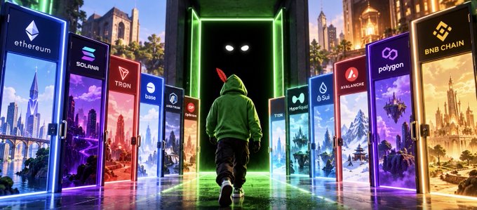 A digital illustration depicts a hooded figure standing before a glowing portal flanked by virtual portals representing various cryptocurrencies, including Ethereum, Solana, Tron, BNB Chain, and Polygon.