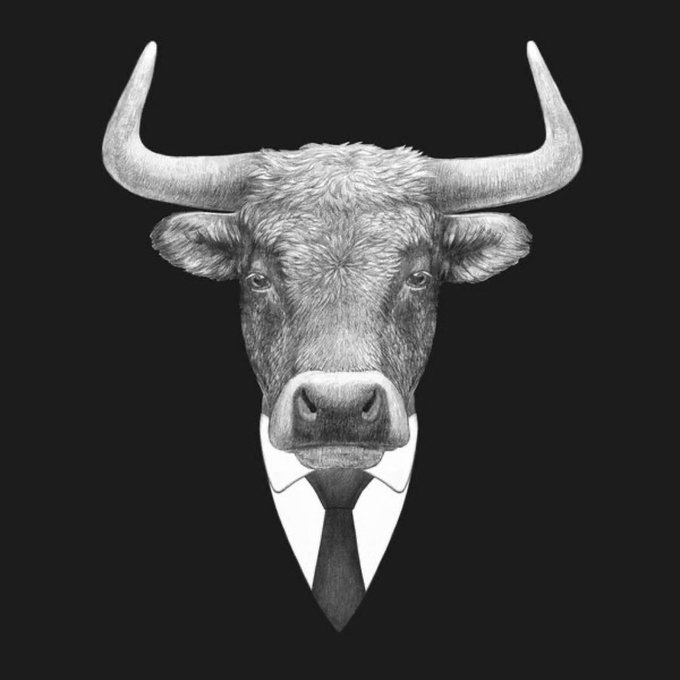 The image features a bull wearing a suit with a tie, giving it the appearance of dressing up for a formal event or office setting. The bull's head shows the top part of its face while the rest of its body remains visible below the suit jacket. There is no accompanying text in the image and no additional information provided about this post. It seems to be a simple, straightforward depiction without any specific context or additional information related to Bitcoin prices or the Bitcoin token market.