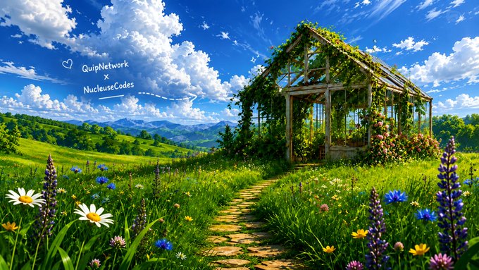 A lush, dreamlike garden featuring a vine-covered greenhouse with the text "♡ QuipNetwork x NucleaseCodes" in the sky, paired with a post about QuipNetwork's mission to democratize quantum computing access beyond big institutions. The idyllic, accessible natural setting visually echoes the post's theme of opening up powerful technology to everyone, not just elite players.