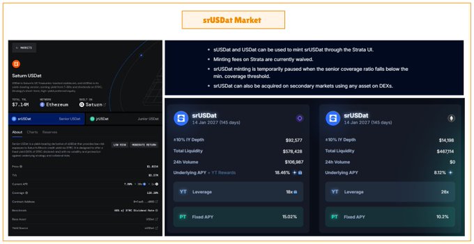 A screenshot of the 'srUSDat Market' page displays cryptocurrency metrics for srUSDat tokens, including price ($7.1M), network (Ethereum/Saturn), total liquidity ($576,420), and underlying APYs.