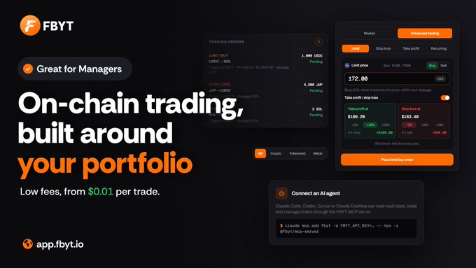 An advertisement for the cryptocurrency trading platform FBYT displays the headline 'On-chain trading, built around your portfolio' with 'Low fees, from $0.01 per trade.' and shows interface mockups of market orders and limit prices.