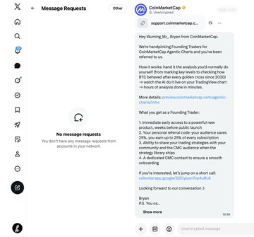 A Twitter message request screenshot shows 'CoinMarketCap' warning a user about handing over API keys, with the handle 'support.coinmarketcap.c...' visible.