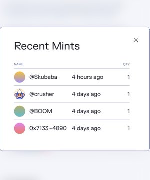 A 'Recent Mints' interface showing four NFTs minted by users @Skubaba, @crusher, @BOOM, and 0x7133...4890.