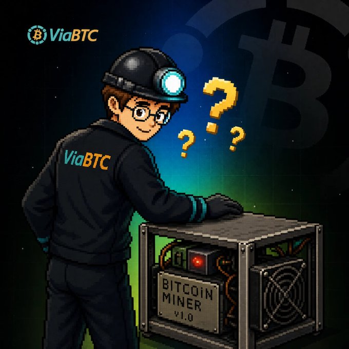 A pixel-art miner wearing a "ViaBTC" jacket and headlamp stands puzzled beside a "BITCOIN MINER v1.0" rig, surrounded by floating question marks and a Bitcoin logo, perfectly capturing the confusion of starting out in crypto mining. The image visually echoes the post's question about what newcomers wish they'd known before diving into mining.