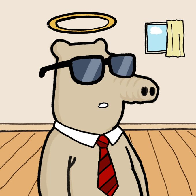 Cartoon illustration of a pig with a red tie, sunglasses, and a golden halo in a room with a window.