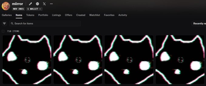 Screenshot of a digital marketplace interface called 'mirror' showing a gallery of glitchy cat-like graphics under '710 ITEMS'.