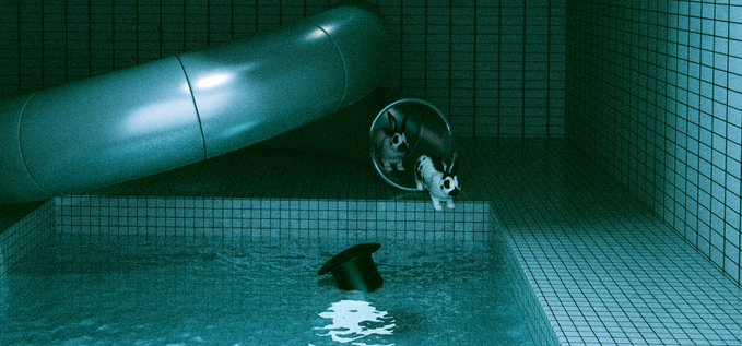 A dark, surreal image with a cyan tint showing two cats in a tiled pool enclosure next to a water slide, with one cat wearing a cone and looking at a floating black top hat.