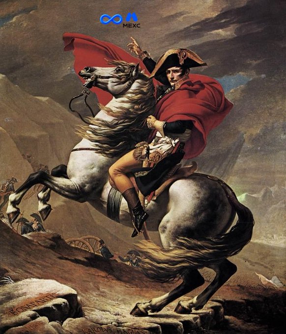 A classical painting of a military leader on a rearing white horse, wearing a red cape and bicorne hat, with a 'MEXC' logo overlaid at the top.