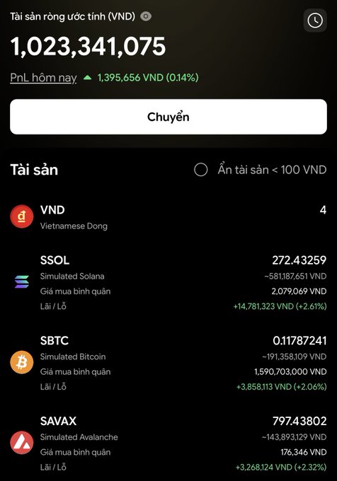 Vietnamese crypto portfolio screen showing total estimated assets of 1,023,341,075 VND with daily P/L of +1,395,656 VND (0.14%), listing holdings in SSOL (Simulated Solana), SBTC (Simulated Bitcoin), and SAVAX (Simulated Avalanche) with various profits and losses.