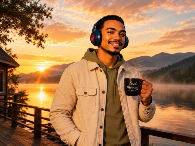 A man with a beard wearing headphones, a green hoodie, and a cream jacket, smiling while holding a black 'Good Morning' mug against a scenic lake and sunset backdrop.