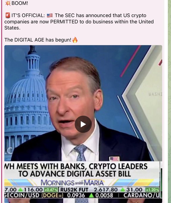 A social media post announcing 'IT'S OFFICIAL: The SEC has announced that US crypto companies are now PERMITTED to do business within the United States. The DIGITAL AGE has begun!' above a video still of a news anchor on 'MORNINGS with MARIA' with the caption 'NH MEETS WITH BANKS, CRYPTO LEADERS TO ADVANCE DIGITAL ASSET BILL' and ticker prices for DOGE and CARDANO.