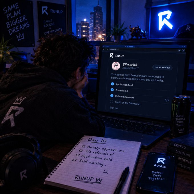 A person rests their head on a desk in a dimly lit room, viewing a laptop screen displaying their RunUp application status as "Under review" with the username @Farzadx3, while a notebook beside them tracks "Day 10" with unchecked items like "RunUp approve me," "Application held," and "Still waiting..." — directly mirroring the post's expression of frustration over being held for ten days.