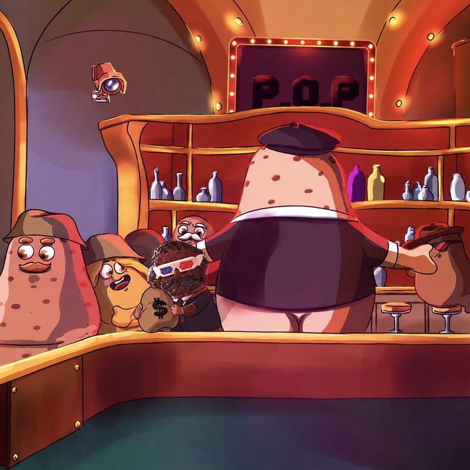 A cartoon scene set in a bar with a "P.O.P." sign, where potato-themed characters are gathered around the counter, including one holding a money bag with a dollar sign, while a large potato figure in a beret serves them—visually representing the "Proof Of Potato" (POP) meme project.