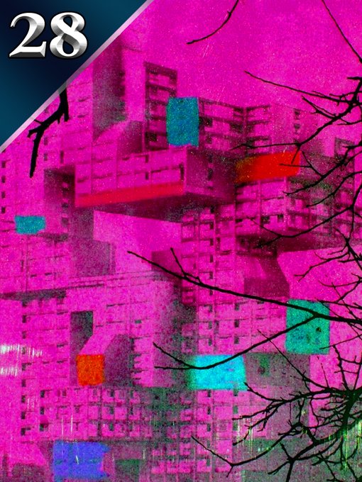A stylized illustration of apartment buildings viewed from a low angle, rendered in a vibrant pink and purple color palette with scattered cyan and red windows, with the number '28' in the top-left corner.