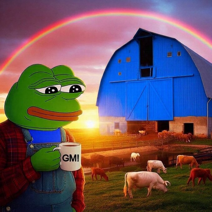 The image features a cartoon frog wearing overalls holding a coffee cup, standing next to a blue barn with cows grazing inside. The caption of the image reads "gm. market said touch farm so we here... say it back if you dare". This suggests that the image is related to a humorous or satirical post about farming and agriculture.

The cartoon frog's presence in the scene adds a playful and lighthearted element, while the cow grazing inside the barn represents a more realistic depiction of rural life. The combination of these elements creates an interesting juxtaposition between the whimsical cartoon character and the real-life setting of the barn with cows.