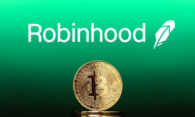 The Robinhood logo displayed on a green background with a physical Bitcoin coin in the foreground.
