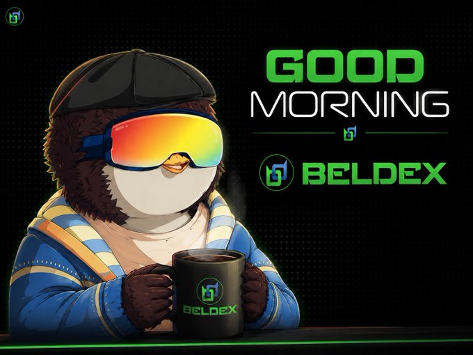An illustrated penguin character wearing ski goggles and a blue jacket holds a mug branded with the 'BELDEX' logo alongside the text 'GOOD MORNING BELDEX'.