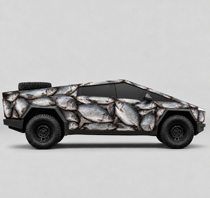 A side profile of a Tesla Cybertruck covered in a custom fish-themed wrap featuring multiple whole fish printed across its angular body.
