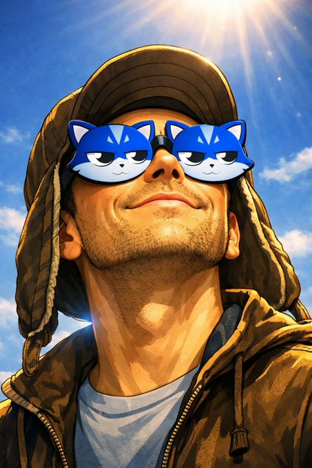 A stylized illustrated portrait of a man wearing a brown trapper hat and blue cat-themed sunglasses, looking up toward a bright sun against a blue sky.