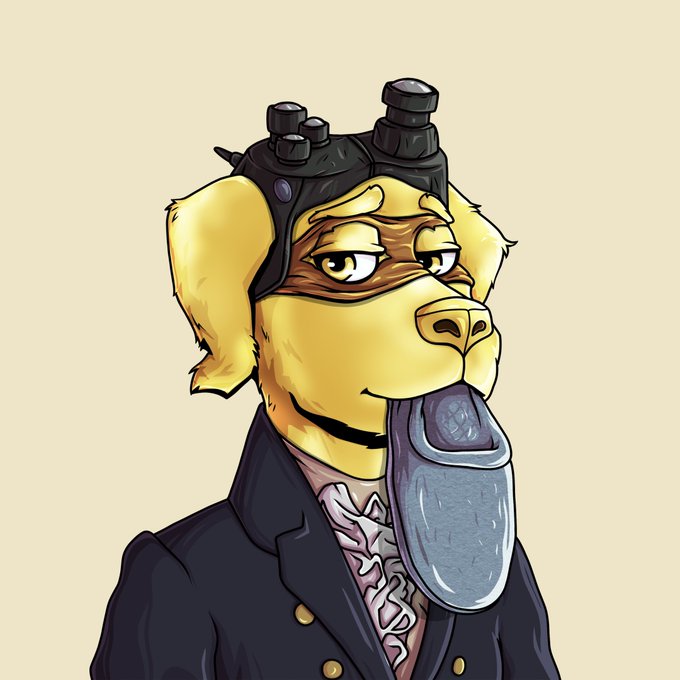A digital drawing of an anthropomorphic yellow dog character wearing black goggles on its head, a black coat, and a grotesque melted face resembling the Skibidi Toilet character.