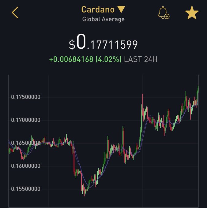 A crypto price chart showing Cardano (ADA) at $0.17711599, up +0.00684168 (4.02%) in the last 24 hours, with a candlestick graph displaying price fluctuations.