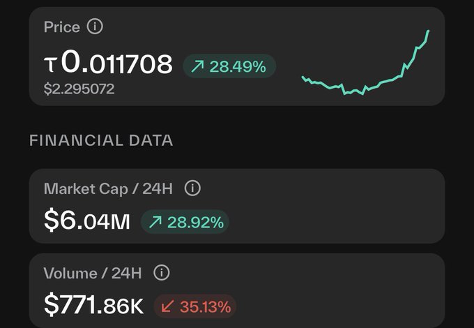 A cryptocurrency price tracker showing a token priced at ₮0.011708 ($2.295072), up 28.49%, with a market cap of $6.04M and 24H volume of $771.86K.