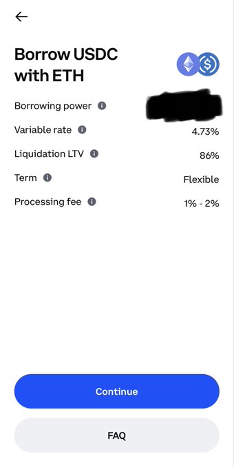A mobile app screen titled 'Borrow USDC with ETH' showing borrowing details including a 4.73% variable rate, 86% liquidation LTV, flexible term, and 1%-2% processing fee, with the borrowing amount redacted in black.