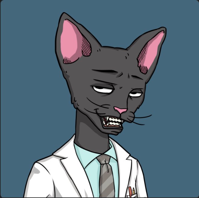 A cartoon hairless cat with a sly, toothy grin wearing a white lab coat and tie. The illustration ties into the post's playful "Adopt a CET Meow @cetsfk" theme, likely referencing the $CET memecoin with a quirky cat mascot.