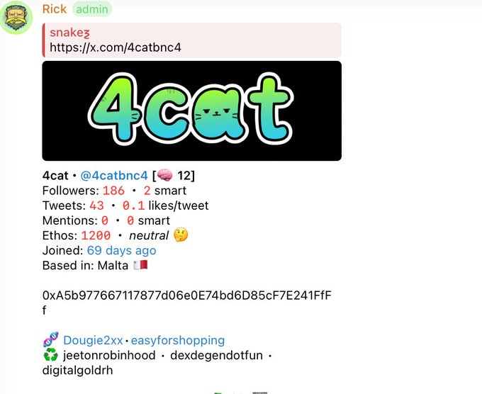 A Telegram bot message from 'Rick' sharing details about the Twitter account '4cat' (@4catbnc4), showing follower stats (186 followers) and an account identifier hash.