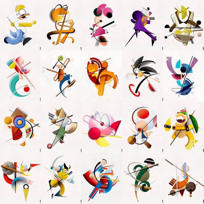 A grid of twenty abstract and colorful digital illustrations featuring various shapes, figures, and dynamic compositions.