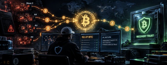 A stylized digital artwork depicts a person wearing a baseball cap working at a computer screen showing '52.37 BTC' and 'OP_RETURN' with hex codes, surrounded by Bitcoin logos, network nodes labeled with AA, AU, AX, Wave 2, and a 'RECOVERY TRUST' display.