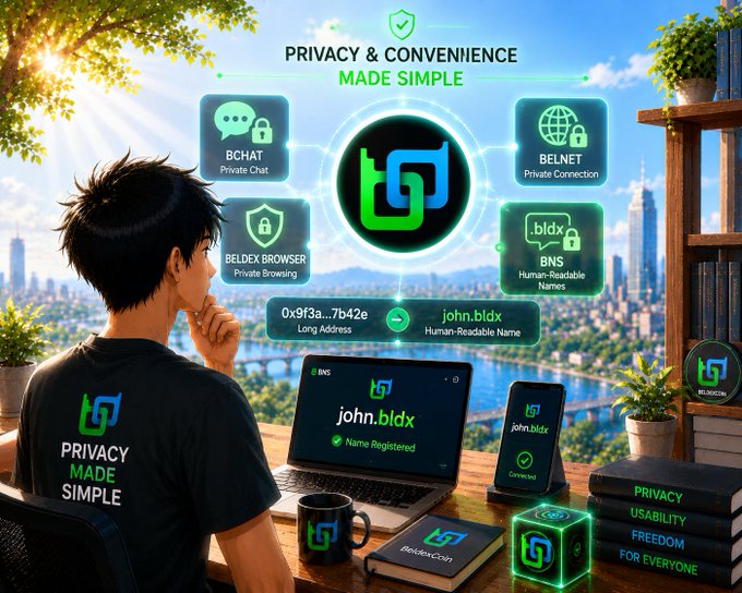 Promotional graphic for Beldex (BELDX) showcasing their privacy ecosystem with features including BChat, BELDex Browser, BELNET, and BNS (human-readable names like john.bldx) under the tagline 'PRIVACY & CONVENIENCE MADE SIMPLE'.