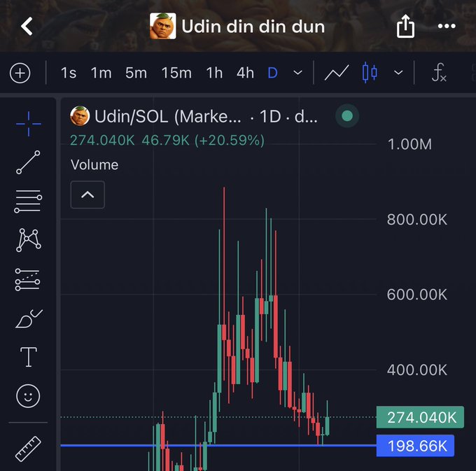 A trading chart for the meme coin "Udin/SOL" shows a 20.59% gain with a current price of 274.040K and volume reaching ~1.00M, visually supporting the post's claim of the recent entry being up over 30% and rallying from the highlighted 198.66K support level.