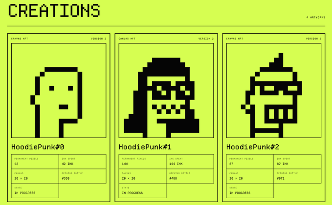 A pixel art NFT collection called 'HoodiePunk' featuring three character designs (#0, #1, #2) displayed on a bright green background with stats like permanent pixels, DNA sprout, canvas dimensions, and breeding bottles.